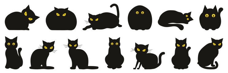 Black cat silhouette collection with glowing eyes. Each feline shown in various sitting and lying positions. Ideal for Halloween or spooky designs © top dog