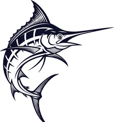 Dynamic monochrome marlin fish illustration with bold lines, perfect for marine life, fishing logos, tattoos, ocean sports, and decor.