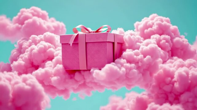Pink gift box floating on fluffy clouds against a bright blue sky.