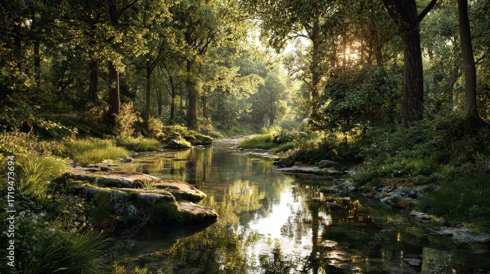 Poster sunlight filters through green leaves above a gentle forest stream. use this image to illustrate ser