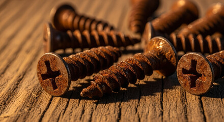 Rusty screws scattered on wooden surface with texture detail  