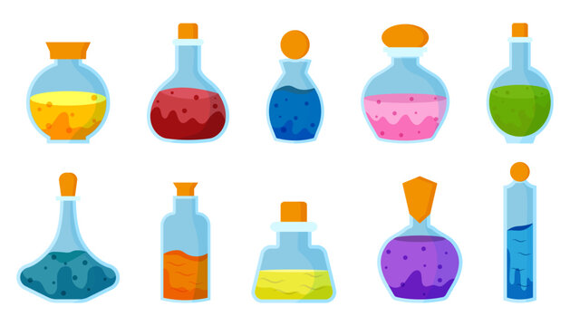 Magic potion bottle collection. Colorful flasks with liquid for fantasy and alchemy themes