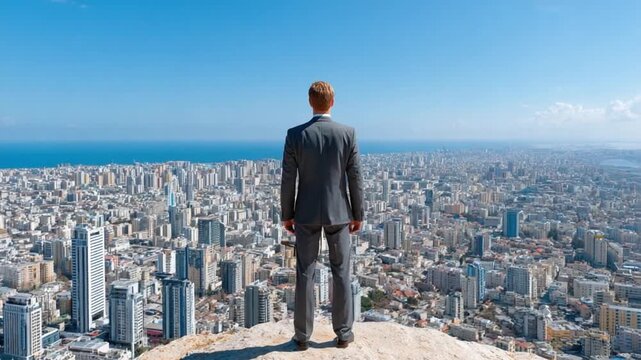 Visionary Leader: A determined professional stands atop a high vantage point, gazing with purpose over a sprawling metropolis, embodying leadership and strategic ambition.