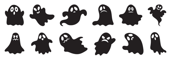 Fototapeta na wymiar Ghost silhouette collection. Spooky cartoon ghosts with different shapes and expressions