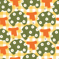 seamless pattern cartoon sweater with flower print and scarf. cute fashion drawing for wallpaper