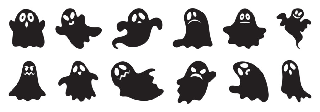 Ghost silhouette collection. Spooky cartoon ghosts with different shapes and expressions
