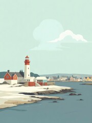港町の灯台と静かな水面を捉えたピクセルアート