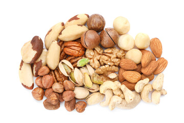 Mix of different nuts isolated on white, top view
