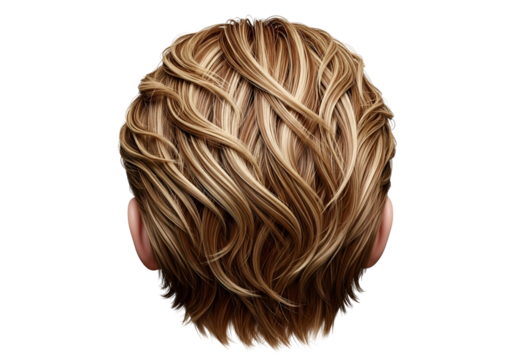 Close-up view of voluminous, highlighted blonde hair styled in a short, textured cut against a deep black background.