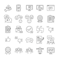 Fototapeta premium Vector illustration of collection of feedback and review icons including stars, thumbs up, chat bubbles, and user profiles