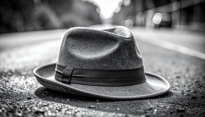 A fedora hat rests on a road