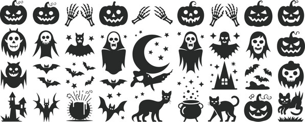 Halloween silhouette illustration, spooky icons jack-o'-lanterns ghosts witches haunted houses bats graveyard black vector design, festive clipart artwork
