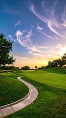 Serene golf course at sunset