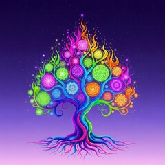 Fototapeta premium A vibrant tree of life illustration symbolizing growth and enlightenment amidst a starry night