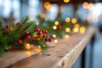 Festive Christmas table decoration with pine and lights