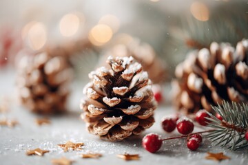 Festive pine cones with snow and berries