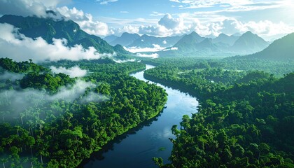 Lush rainforest valley with winding river and misty mountains