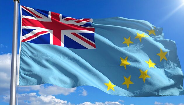 Vibrant Tuvalu flag waving proudly against a clear blue sky, symbolizing national pride and independence on a bright sunny day, perfect for travel campaigns