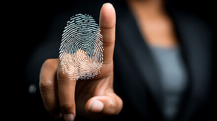 Close-up of a person's finger with a digital fingerprint overlay, symbolizing biometric identification technology.