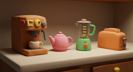Brown Toned Kitchen Scene with Clay Appliances &ndash; Coffee Machine, Kettle, Blender, Toaster