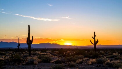 Desert Sunset Silhouette Featuring Cacti and Mountain Ranges Under a Vivid Sky
