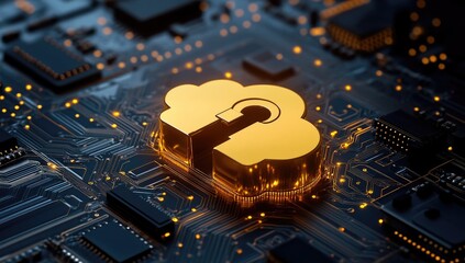 Golden Cloud Security Symbol on Circuit Board
