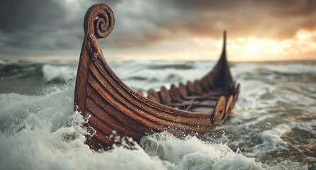 Viking Longship Navigating Stormy Seas at Sunset.