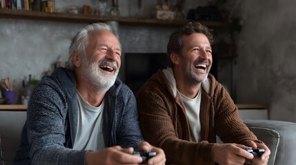 Father and son playing video games together laughing happy family bonding time fun game night entertainment