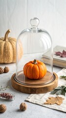 Discovering the beauty of autumn with a tiny pumpkin displayed under a glass cloche