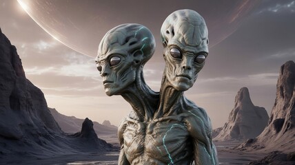 Two-headed humanoid alien with textured skin and glowing blue veins standing in barren rocky landscape beneath giant planet in sky