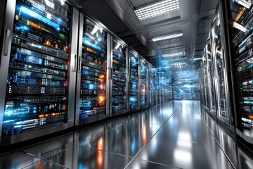 Modern Data Center with Server Racks and Lights