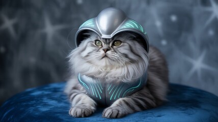 Long-haired silver tabby cat dressed in futuristic metallic armor helmet and chest plate sitting on blue velvet cushion against starry backdrop