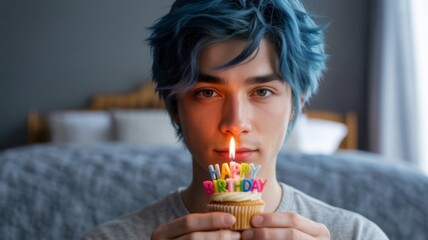 Blue-haired young man holding birthday cupcake with happy birthday candle while sitting indoors, soft lighting and blurred bedroom background