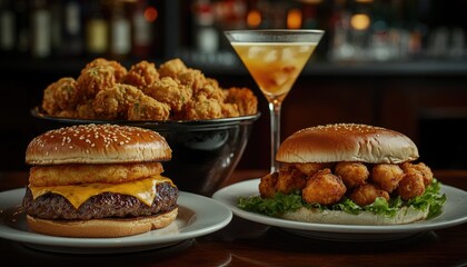 Delicious Cheeseburger, Fried Bites, and Cocktail on Wooden Table