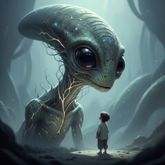 Young child standing barefoot in misty forest looking up at towering alien with glowing veins and large eyes in cinematic fantasy scene