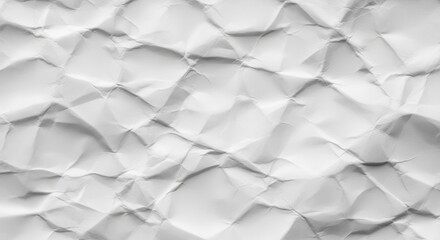 Textured background of crumpled white paper with deep folds and shadows creating depth