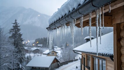 Fototapeta premium Captivating icicles hanging from a snowy roof, glistening in the soft glow of a winter twilight