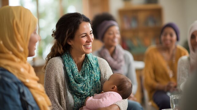 Motherhood support group meeting with new mom and baby at a diverse women gathering event today show