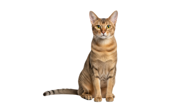 Isolated Abyssinian cat sitting, looking at camera, domestic animal, feline beauty, pet theme
