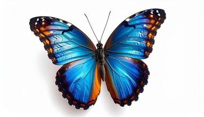 Fototapeta premium Vivid closeup digital illustration of a colorful butterfly in mid flight. Wings spread wide with intricate gradient patterns of blue, orange and gold. Isolated on clean white background. High quality.