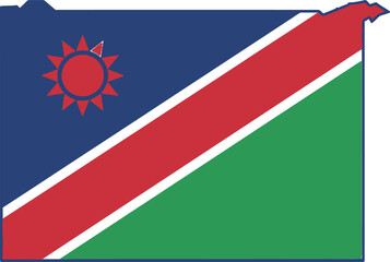 The flag of Namibia superimposed on the outline of the country's borders.