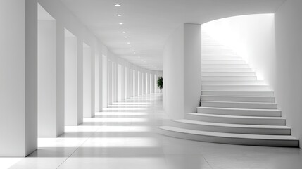 Fototapeta premium Bright White Architecture with Spiral Staircase and Long Hallway with Columns Interior Design Minimalist White Space Futuristic Structure