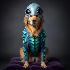 Golden retriever dog wearing futuristic alien costume with glowing turquoise armor details and helmet sitting on purple cushion in studio