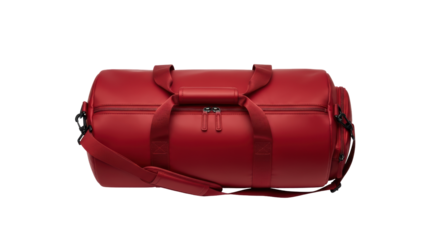 Isolated red gym bag or duffel bag with shoulder strap and handles for traveling
