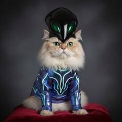 A fluffy cat wearing a metallic blue alien costume with glowing green lines and a black helmet, seated on a red velvet cushion against a dark studio background