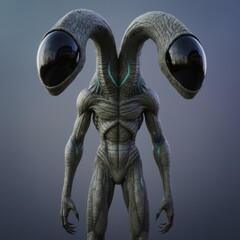 Tall humanoid alien with dual eyestalks and large black reflective eyes, textured gray skin and blue glowing veins, standing against neutral gradient background in sci-fi concept