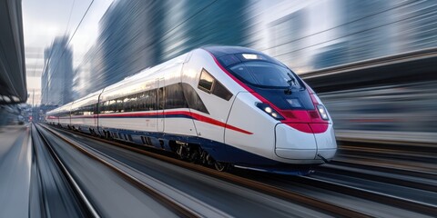 Obraz premium Electric passenger red gray train drives at high speed among urban landscape. Modern high speed commuter train on the railway station and colorful sky at sunset in Europe. Railroad background