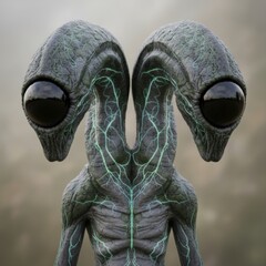 A close-up of a two-headed alien with large black reflective eyes and glowing green veins across its textured skin, standing in a soft, foggy outdoor environment.