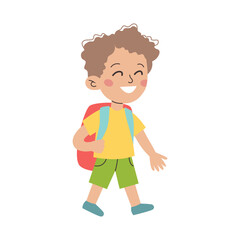 School boy cute character wearing backpack. Colorful vector illustration in flat style