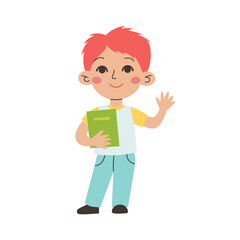 School boy cute red hair character holding book. Colorful vector illustration in flat style